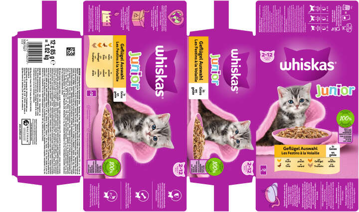 whiskas Katzen-Nassfutter Portionsbeutel Multipack Junior Geflügel Auswahl in Gelee 12 x 85g